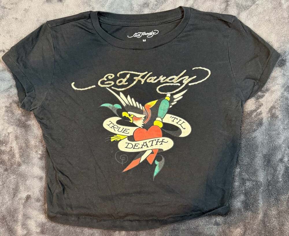 Women’s Ed Hardy True Til Death Crop Top Size M Black Graphic T-Shirt #90